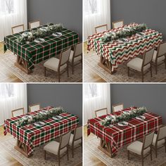 four photographs of a dining room table covered in plaid cloths and decorated with greenery