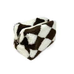 Fuzzy makeup bag/ catch all, in a fun dark brown and ivory diamond harlequin pattern; fabric lining.  Dimensions: Approx  6.5"L x 3.5"W x 4.5"H Stationery Pouch, Stylish Makeup, Clear Makeup Bags, Small Makeup Bag, Trunk Bag, Travel Storage Bag, Cheap Bags, Toiletry Bag Travel, Makeup Bags Travel