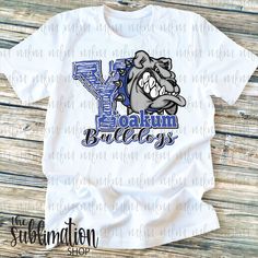 a t - shirt with the word koakum bulldogs on it and an image of a