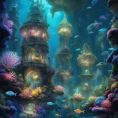 an underwater scene with many different types of corals and other marine creatures in the water