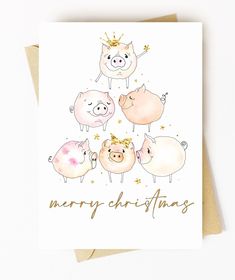 a card with five pigs and the words merry christmas written in gold foil on it