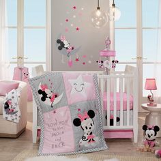 This four-piece crib bedding set includes one quilt, one fitted crib sheet, one crib skirt, and one wearable blanket. Elaborate embroidery stitches, soft minky fabrics and expertly appliqued details decorate the quilt and crib skirt. Fitted crib sheet is on a pretty pink ground with white outlined shooting stars, moons, and bowsPink 100% cotton jersey wearable blanket, which is recommended for safe sleep, features Minnie Mouse in the upper right-hand cornerWearable blanket is 27” long and is a s Minnie Mouse Wall Decals, Minnie Mouse Nursery, Disney Baby Nurseries, Lambs & Ivy, Girl Nursery Room, Baby Minnie, Minnie Mouse Pink, Baby Minnie Mouse, Nursery Crib