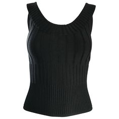 Sexy vintage early 90s THIERRY MUGLER COUTURE black ribbed sleeveless cropped top! Bodycon style that stretches to fit. Simply slips over the head. Round scoop neck, with a flattering soft rayon blend knit. Can easily be dressed up or down. Great with a skirt, jeans, trousers, shorts, or under a skirt. The pictured early 1990s BETSEY JOHNSON rose print skirt, and the mid 90s TOM FORD for GUCCI cropped blue jean flare leg culottes are also available in my 1stDibs Shop! In great unworn condition. Thierry Mugler Couture, Mugler Couture, Vampire Core, Black Bustier Top, Rose Print Skirt, 90s Crop Top, Crop Top Shirt, Black Bustier, Girls Couture