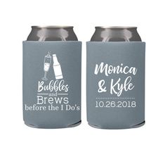 two gray can coolers with white lettering on the front and bottom, one has a bottle