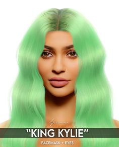 a woman with long green hair wearing a wig and looking at the camera, texting king kylie facemas + eyes