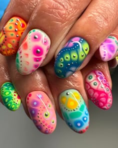 Instagram Nail Art Maximalist, Wacky Nail Designs, Colorful Almond Nails Designs, Colorful Fun Nails, Funky Colorful Nails, Rave Nails Festivals, Quirky Nail Designs, Shroom Nails, Trippy Nail Designs