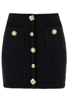 This Self-Portrait miniskirt is made of a blend of cotton and viscose knit, embellished with micro sequins and adorned with decorative jewel buttons on the front. It features hidden snap pockets on the front and a fitted silhouette enhanced by a high waist. The model is 177 cm tall and wears a size XS. Composition: 41%VI, 39%PA, 20%CO Elegant Winter Mini Skirt With Buttons, Knitted Mini Skirt, Chic Party, Pleats Please Issey Miyake, Fitted Silhouette, Yoga Wear, Contemporary Fashion, Fashion Labels, Soft Knits