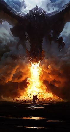 an image of a dragon flying through the sky with fire coming out of its mouth