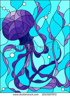 a stained glass window with an abstract purple jellyfish