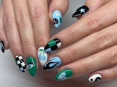 Blue And Blue Nails, Mix And Match Nail Art, Chequered Nails, Blue And Green Nails Designs, Green Nails With Design, Cute Green Nails, Green And Blue Nails, Blue And Green Nails, Mismatch Nails