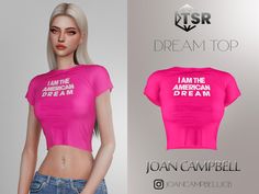 a woman wearing a pink shirt with the words i am the american dream on it