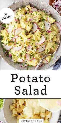 potato salad with radishes in a white bowl