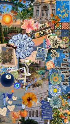 a collage of images with flowers and other things on it, including an image of a clock tower in the background