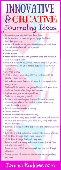 a pink and blue poster with the words innovative & creative journaling ideas on it