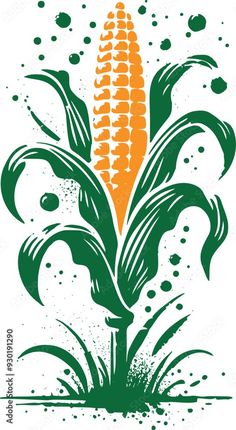 an illustration of a corn on the cob with splats and dots around it