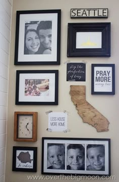 a wall with pictures and framed photos on it that say seattle, pray more, pray less