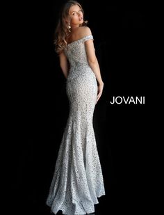 Jovani 61357 silver off the shoulder lace evening mother of the bride dress - Mia Bella Couture Lace Long Gown, Beaded Wedding Gowns, Exquisite Gowns, Unique Prom Dresses, Beaded Wedding, Stunning Gowns, Mermaid Skirt, Lace Evening Dresses, Lace Fashion