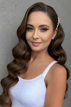 Big Waves For Long Hair Wedding, Hollywood Wave Side Part, Bridal Makeup For Brown Hair, Hollywood Waves Brown Hair, Wave Bride Hair, Headband Wavy Hair, Hairdo Wedding The Bride, Retro Curls Long Hair, Elegant Waves Hairstyles