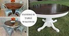 a collage of photos showing different tables and chairs with the words farmhouse table makeover