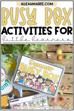 the busy box activities for little learning is shown with text overlays and an image of