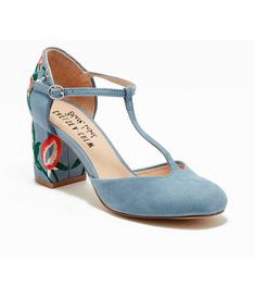 Chelsea Crew Sky Blue T-Strap Embroidered Frenchie Heels - Unique Vintage - Womens, SHOES, HEELS Colorful Wedding Shoes Comfortable, Cool Wedding Shoes, Blue Shoes Heels, Colorful Wedding Shoes, Blue Bridal Shoes, Embroidered Heels, Blue Wedding Shoes, Floral Heels, Blue Heels