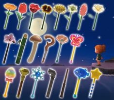 a bunch of different types of candy canes on a blue background with stars and moon in the sky