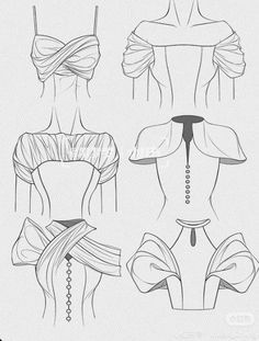 four different types of bras with ties on the back and sides, all in black and white