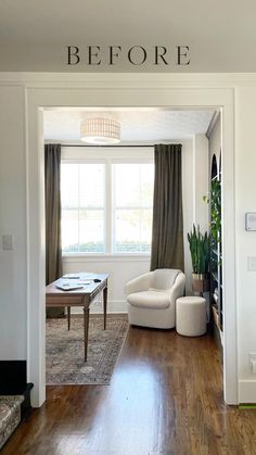 a living room with hard wood flooring and white walls that says before on the wall