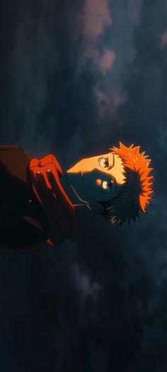 an anime character with orange hair holding onto another person's hand in the sky