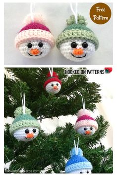 crocheted snowman ornament ornaments are hanging from a christmas tree with text overlay that says free pattern