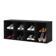 a black shelf filled with lots of shoes