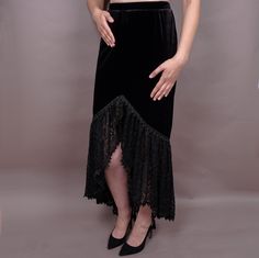 "Victorian  skirt made of  high quality velvet with lace flounce  finished with decorative tape.Perfect for any occasion. Finished with great attention to details. Handmade in Poland colours of velvet to choose: black, red, burgundy, blue, green  Skirt is sewn with an elastic material, the elastic waist (rubber). Sizes: XS, S, M, L, XL, XXL  Size chart in gallery. back longer than front If You need another size, contact me and I will make customised skirt for You! :) Find me on Facebook :)  https://www.facebook.com/sophieandherstore and Instagram: https://www.instagram.com/sophienadherstore STANDARD SHIPPING PROCESS -> Shipping usually take  2 weeks to the US, rarely but sometimes longer - about 4 weeks. Shipping to Europe take about 1-2 weeks. FAST SHIPPING PROCESS -> Europe and USA- 1-2 Elegant Halloween Party Skirt, Gothic Lace Trim Skirt For Costume Party, Gothic Skirt With Lace Trim For Costume Party, Black Lace Skirt For Costume Party, Fitted Witchy Party Skirt, Lace Skirt With Lace Trim For Costume Party, Witchy Fitted Party Skirt, Vampire Victorian, Victorian Burlesque