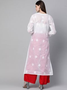 Long Cotton Kurta For Eid, Cotton Long Kurta For Festivals, Long Kurta With Floral Embroidery For Diwali, Diwali Long Kurta With Floral Embroidery, White Bohemian Self Design Kurta, Cotton Salwar Kameez With Cutwork And Long Sleeves, Long Cotton Kurta For Festive Occasions, Cutwork Straight Kurta For Navratri, Straight Kurta With Cutwork For Navratri