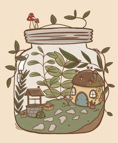 a jar filled with lots of green plants and small houses on top of the ground