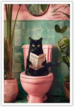 a black cat sitting on top of a pink toilet reading a newspaper with potted plants in the background