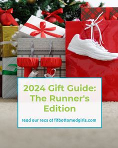 the runner's gift guide is on display in front of presents and christmas trees