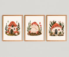 three framed art prints with mushrooms and toad houses on the sides, one is white