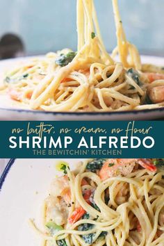 shrimp alfredo on a white plate with the title text overlay reads, one butter no cream no flour shrimp alfredo