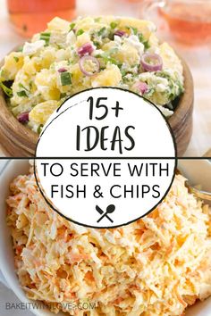 fish and chips with text overlay that reads 15 ideas to serve with fish and chips