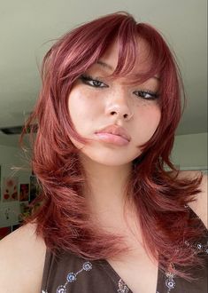 Red Hair Inspo Color Short, Red Wolfcut Hair, Starlette Thynne, Wolfcut Red Hair, Medium Length Layers With Bangs, Lara Adkins Hair, Red Shag Haircut, Red Hair Inspo, Hair Stylies