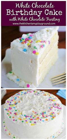 white chocolate birthday cake with white chocolate frosting and sprinkles