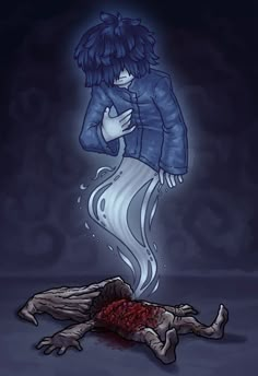 the corpse is laying on the ground next to an illustration of a woman in a blue jacket