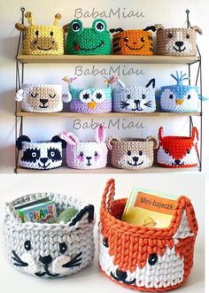 several crocheted baskets with animals on them