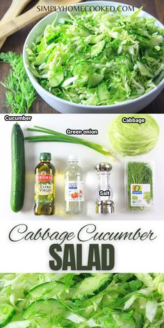 the ingredients to make cabbage salad are shown in three different pictures, including lettuce and cucumber