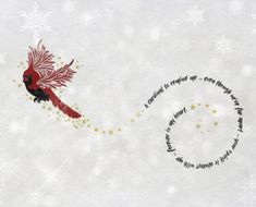 a red bird flying through the air with snow flakes on it's back