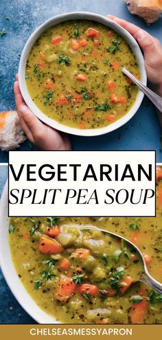 two bowls of vegetable split pea soup with bread on the side