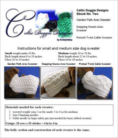 the instructions for knitting and crochet dog sweaters are shown in three different styles