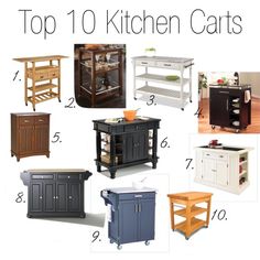 the top 10 kitchen carts for sale are shown in different colors and sizes, including black