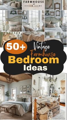 the cover of an article about vintage farmhouse house bedroom ideas, with pictures of furniture and decor