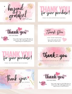 pink watercolor thank you cards with gold foil lettering and hearts on the back, set of 8